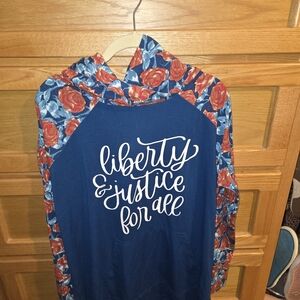 LuLaRoe Navy Hoodie Tee with Red Floral Sleeves